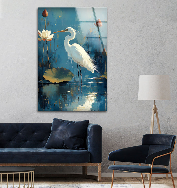 Lotus Grace – Wandbild aus Glas mit weißem Reiher und Seerose