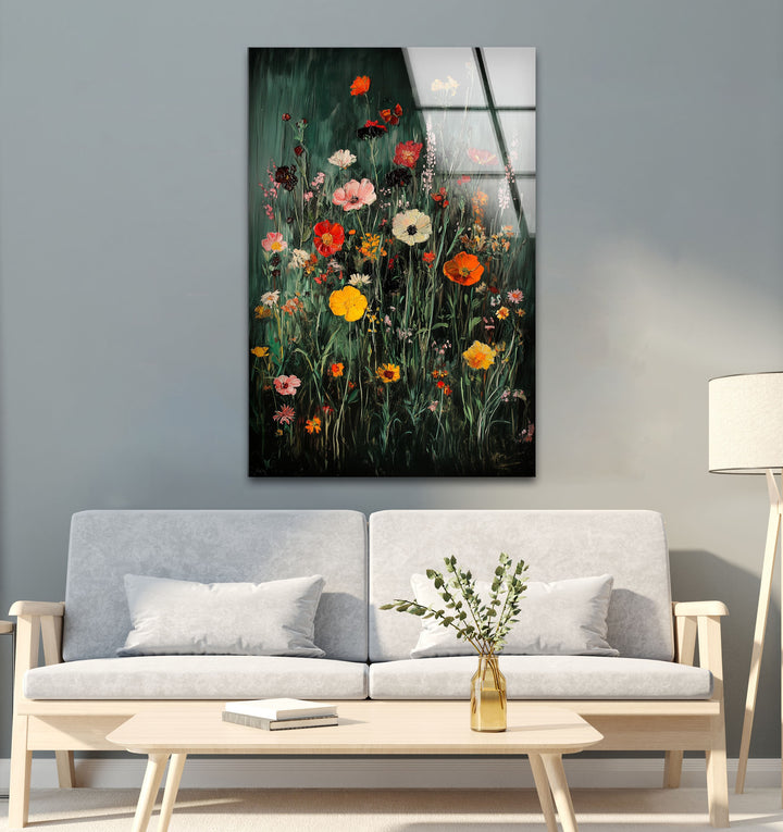 Lebendige Wildblumen in voller Blüte – Moderne florale Glaswandkunst