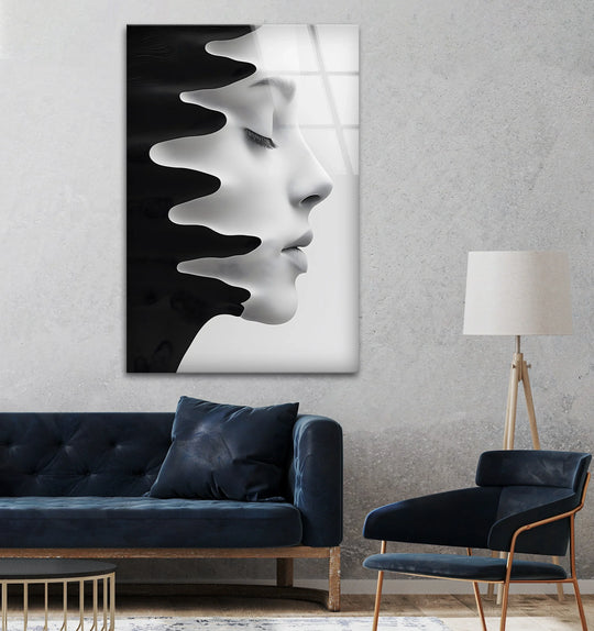 Artistic interpretation of a face in monochrome, captured in glass art.
