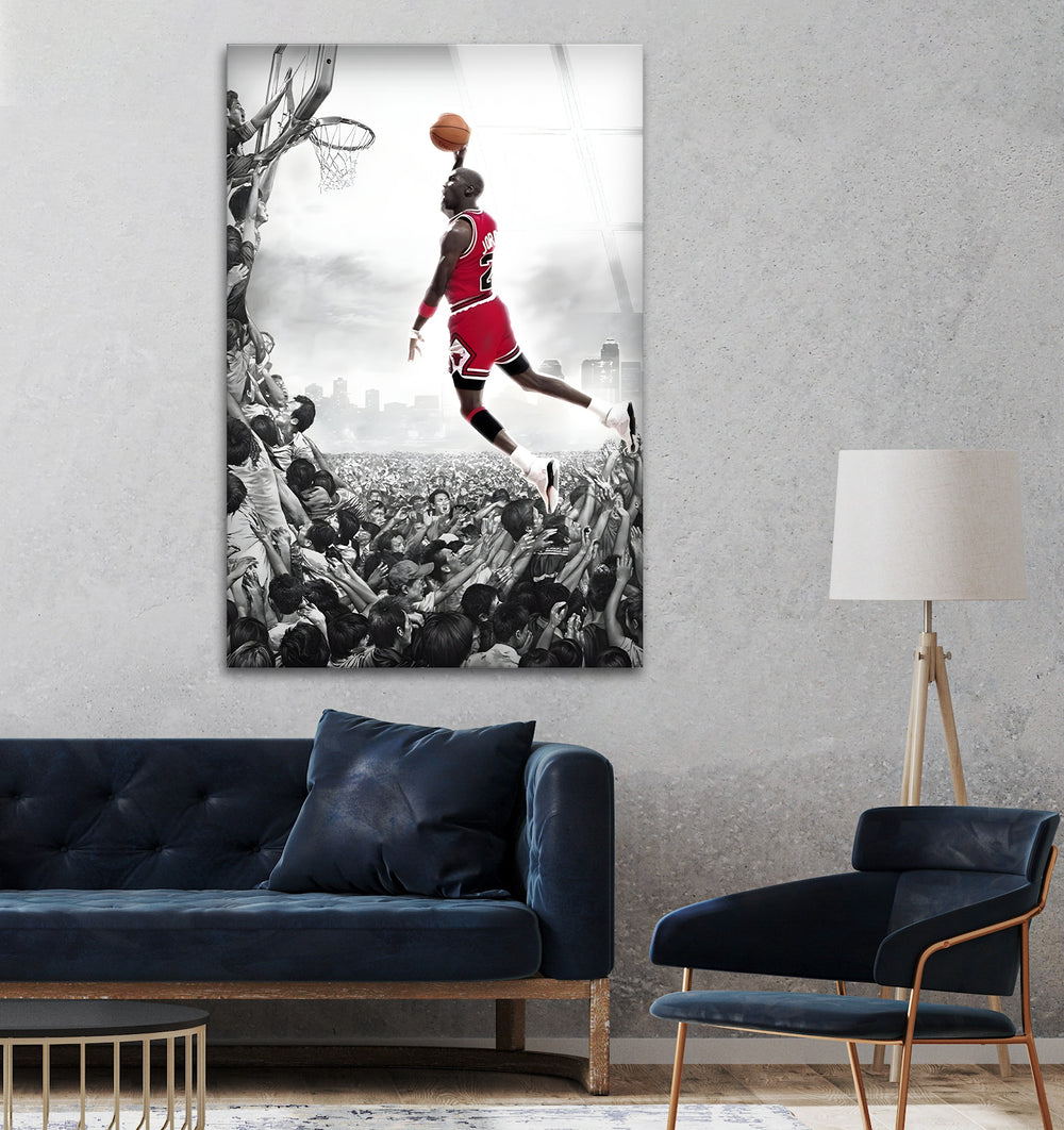 Relive the iconic slam dunk by Michael Jordan, immortalized in high-quality black and white glass art.