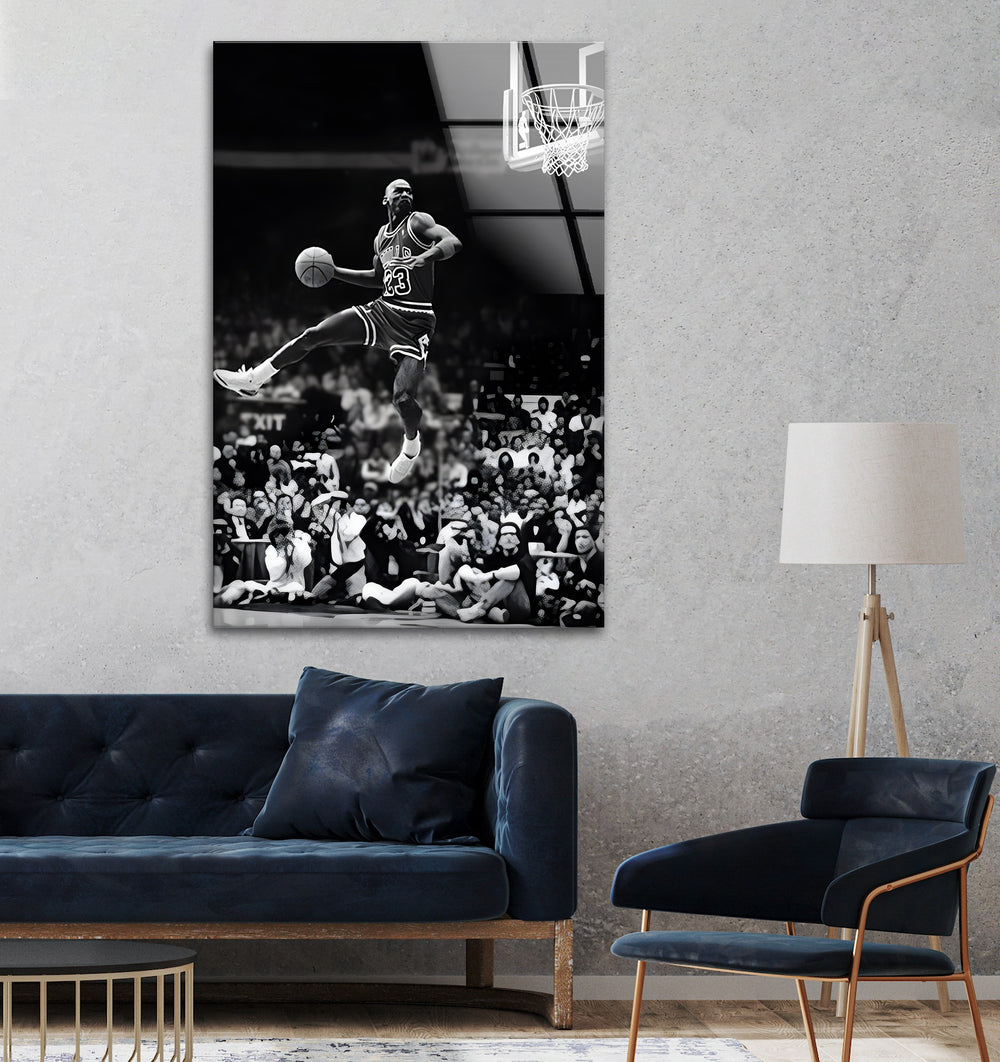 A must-have black and white wall decor piece showcasing one of Michael Jordan’s most famous dunks.

