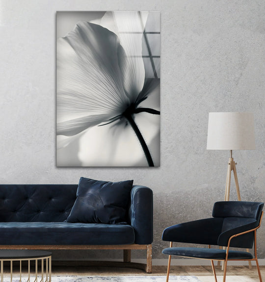 Black and White Bloom: Stunning glass wall art showcasing a soft floral silhouette in classic monochrome tones.
