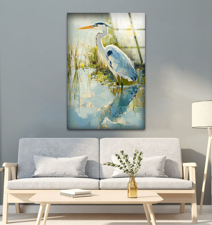 Anmutiger Reiher am Wasser – Ruhige Natur Glaswandkunst
