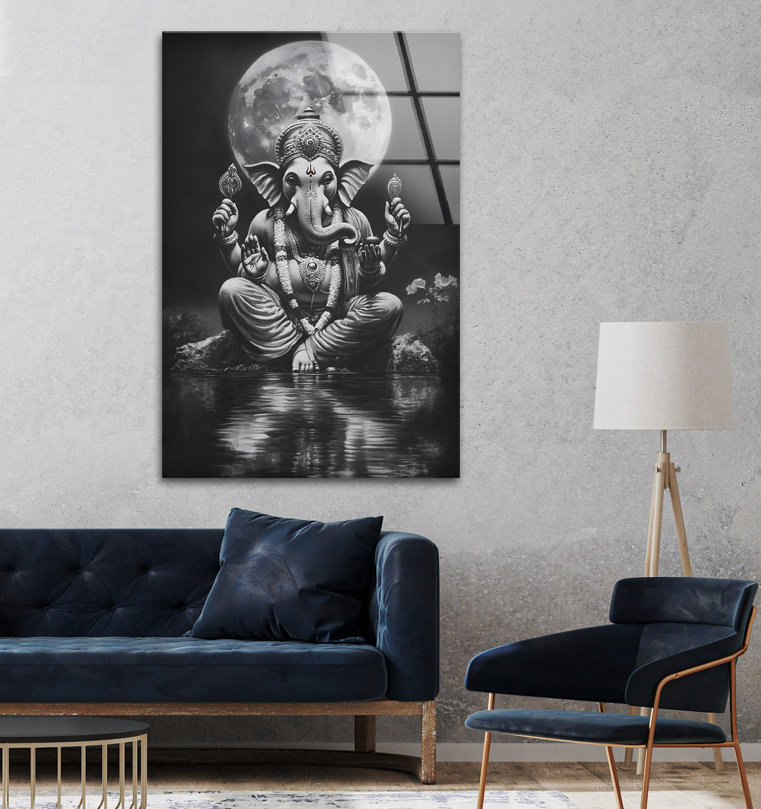A breathtaking depiction of Lord Ganesha with divine detailing, printed on high-quality glass wall art.

