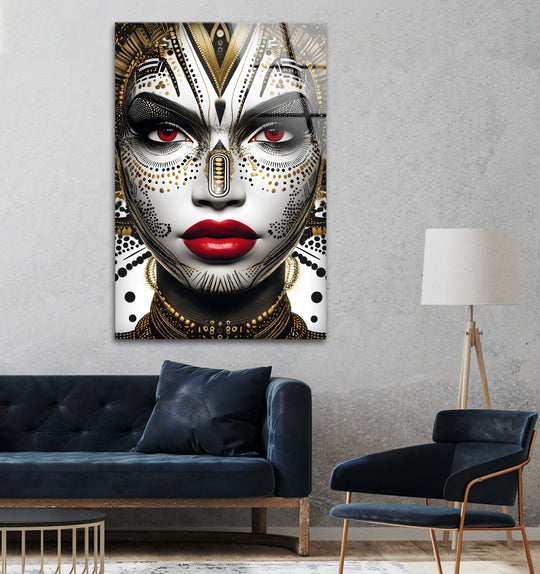 Stunning black and white abstract glass wall art transitions from stark white and black to shimmering gold accents and deep red eyes.