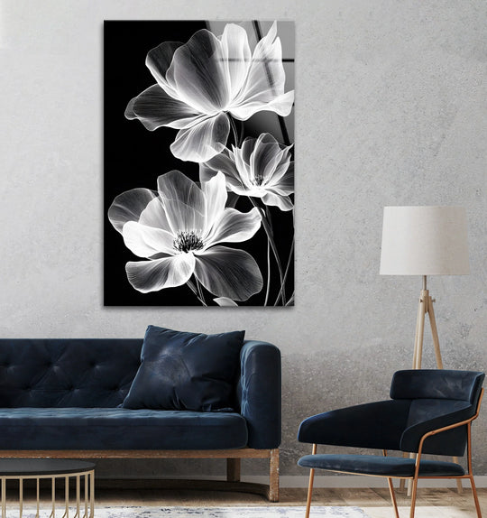 Monochromatic tones emphasize the minimal color saturation in this luminous floral elegance glass art painting, showcasing black and white botanical beauty.
