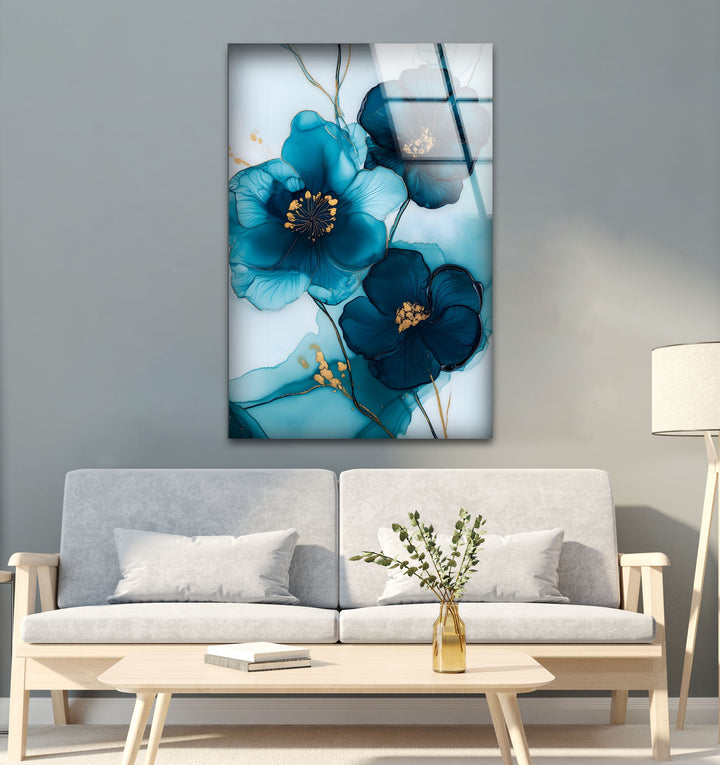 Midnight Bloom – Elegante blaue florale Glaswandkunst
