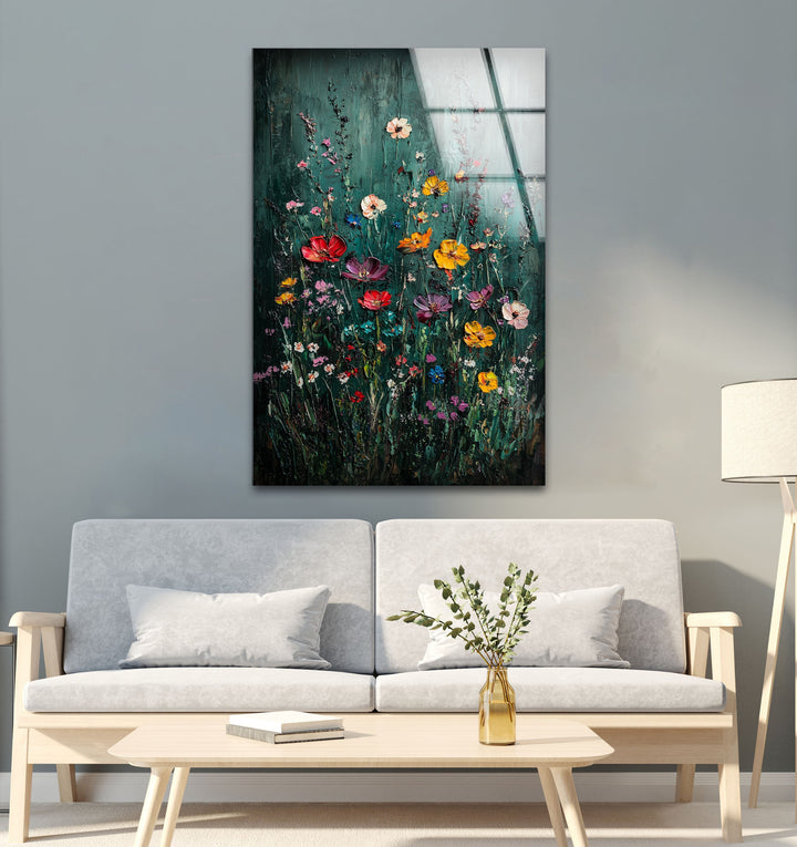 Lebendige Gartensymphonie – Strukturierte Blumen-Wandkunst aus Glas