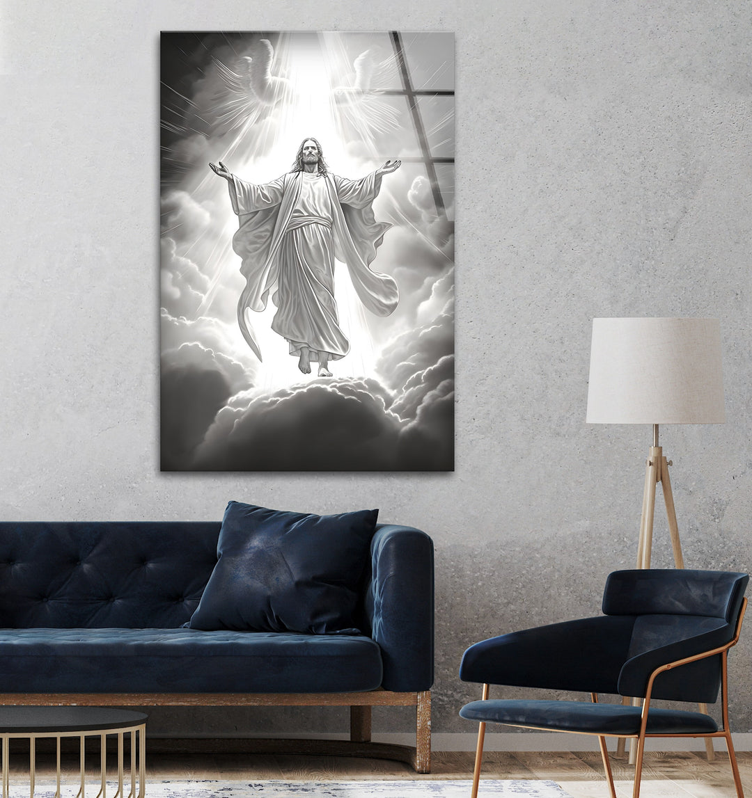Divine Ascension – Black & White Christ in Heaven Wall Art