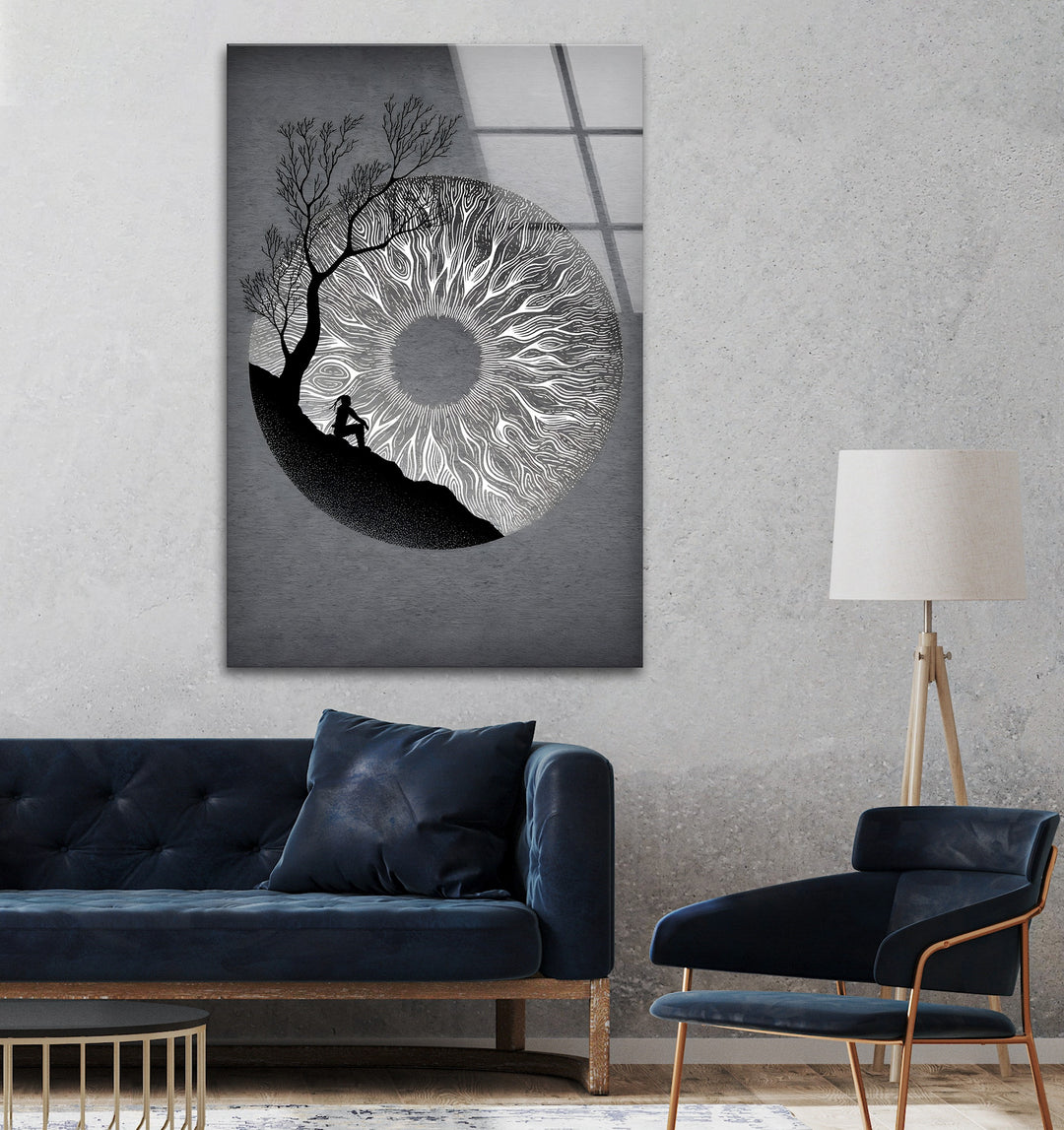 A captivating black and white glass wall art piece that symbolizes perception, mystery, and connection to nature.

