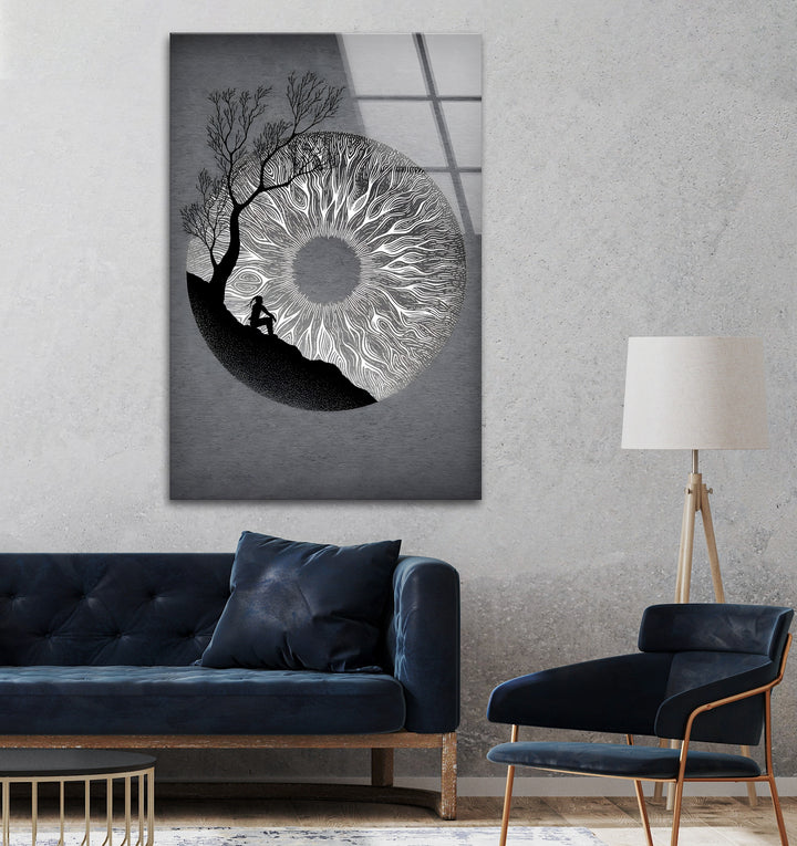 A captivating black and white glass wall art piece that symbolizes perception, mystery, and connection to nature.

