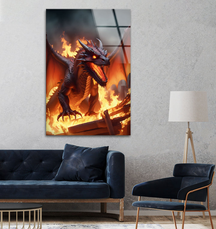 Fierce dragon engulfed in flames, roaring as it dominates the fiery landscape.
