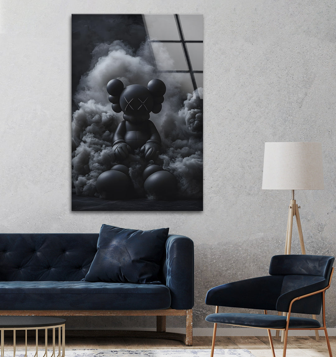 High-definition black and white glass wall art capturing the depth and detail of an iconic KAWS sculpture.
