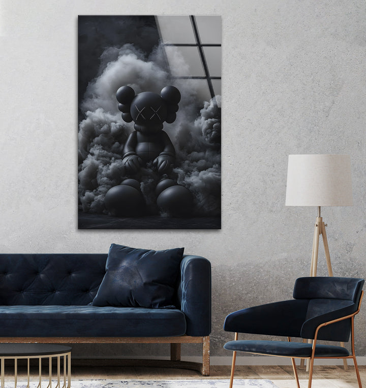 High-definition black and white glass wall art capturing the depth and detail of an iconic KAWS sculpture.
