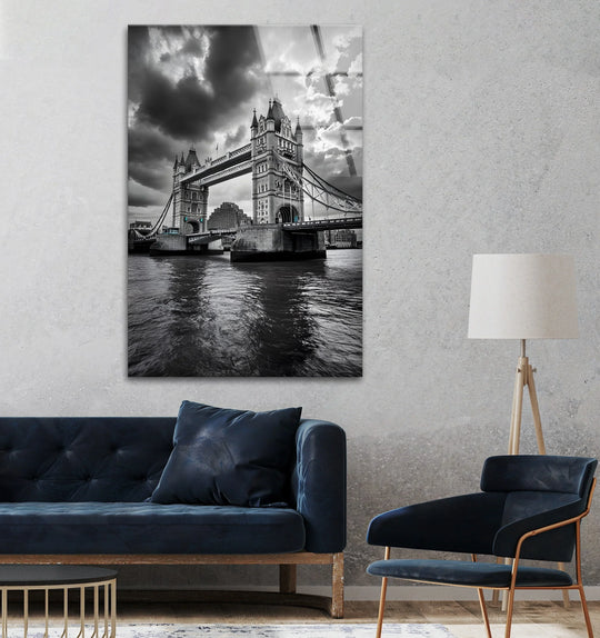 City Prints featuring the Tower Bridge with black and white motif is a glass wall art highlighting London cityscape and the Tower Bridge majesty