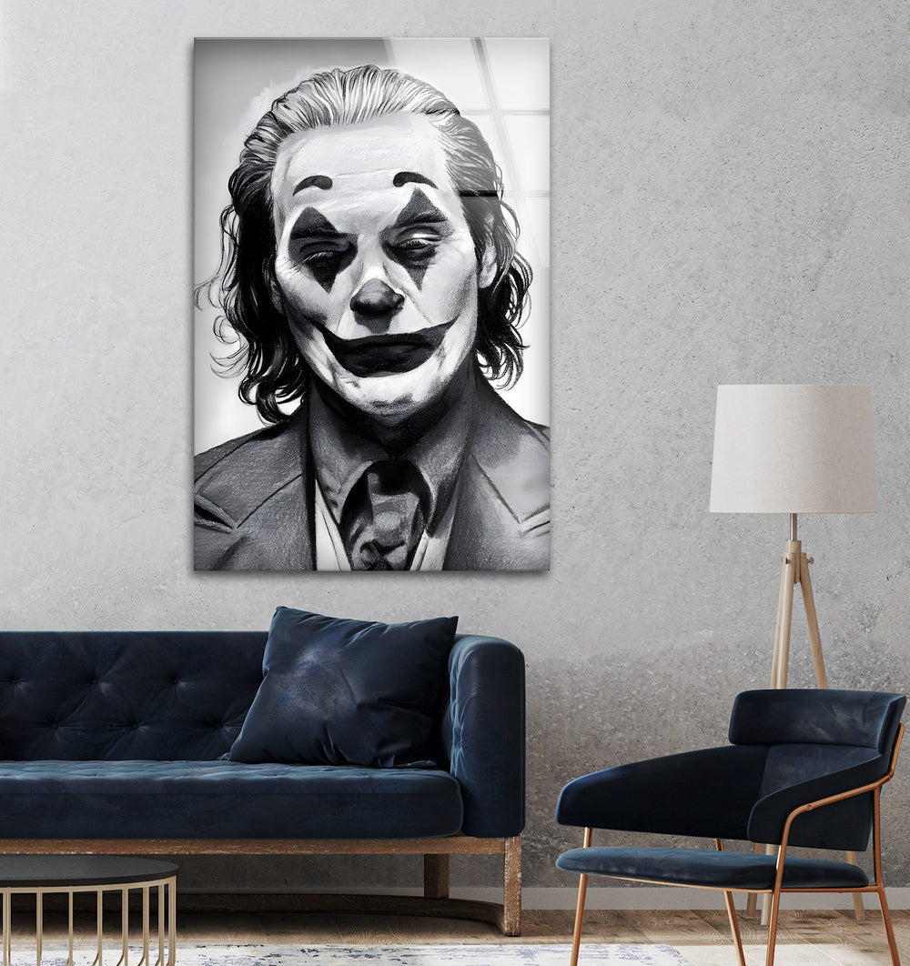 Joker: Striking Black and White Art on Glass Wall
