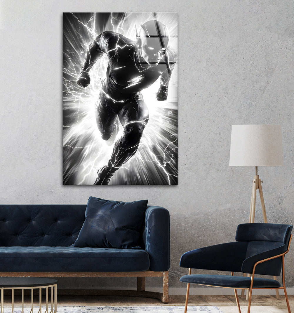 The Flash bursting through lightning, immortalized in black and white glass wall art, perfect for comic fans.