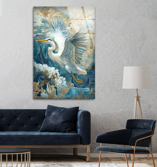 Celestial Flight – Ornate Heron with Gold & Florals Glass Wall Art - MyPhotoStation