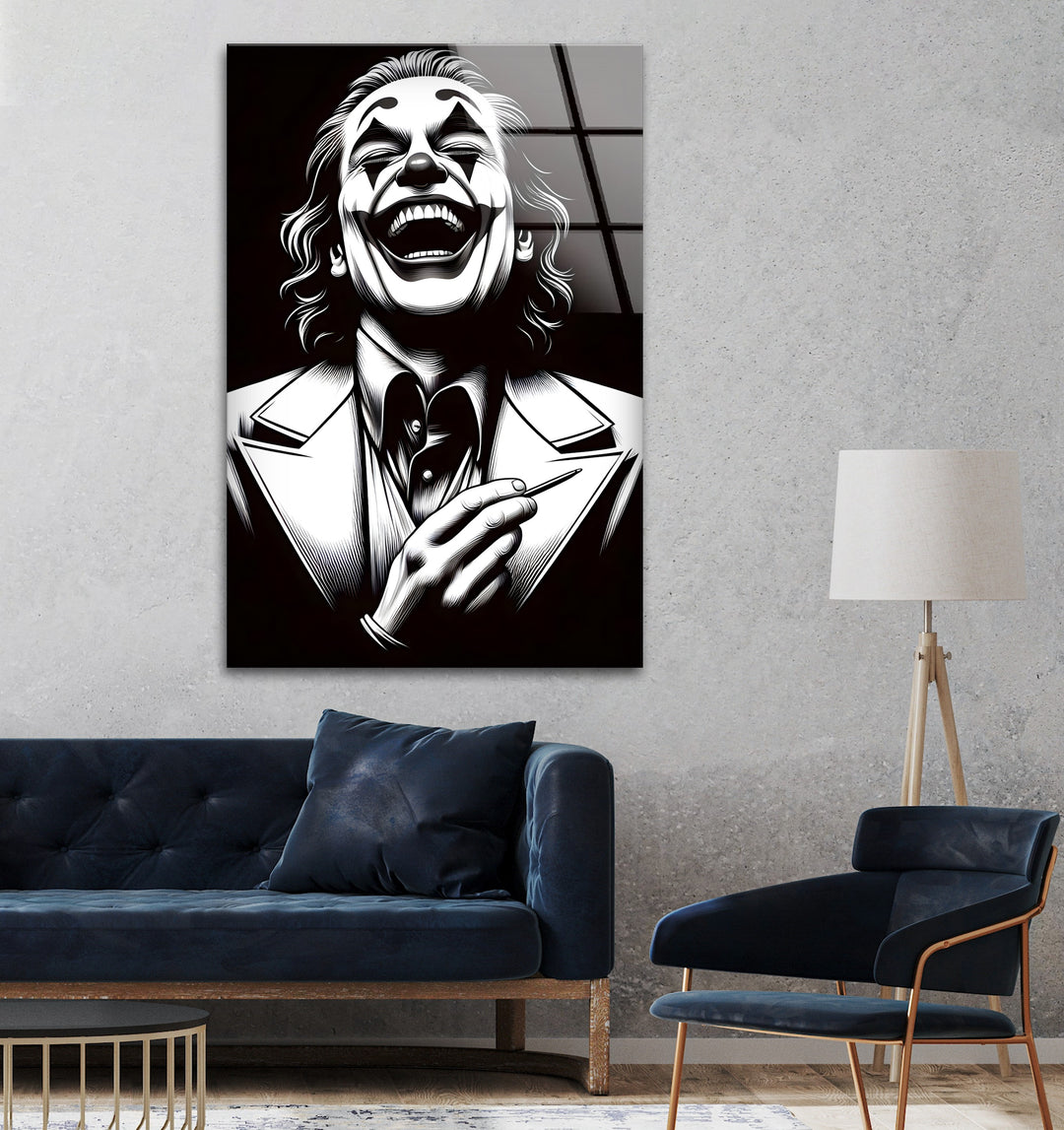 A surreal and captivating clown portrait in black and white abstract art, perfect for modern interiors.

