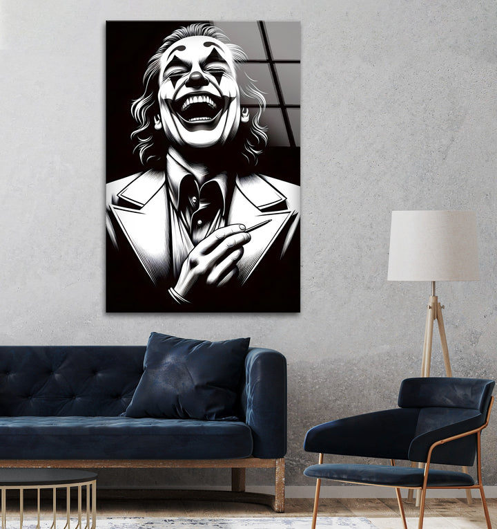 A surreal and captivating clown portrait in black and white abstract art, perfect for modern interiors.

