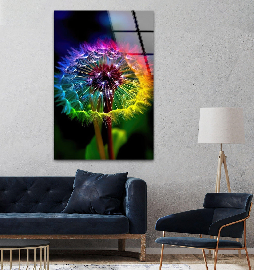 Rainbow Colors Dandelion Glass Wall Art, glass art painting, glass art for the Wall