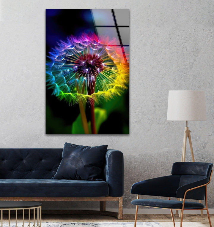 Rainbow Colors Dandelion Glass Wall Art, glass art painting, glass art for the Wall