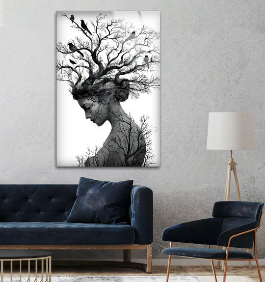 Cool art black and white abstract woman with tree hair and bird accents brings feminine essence and artistic life to any space wall art