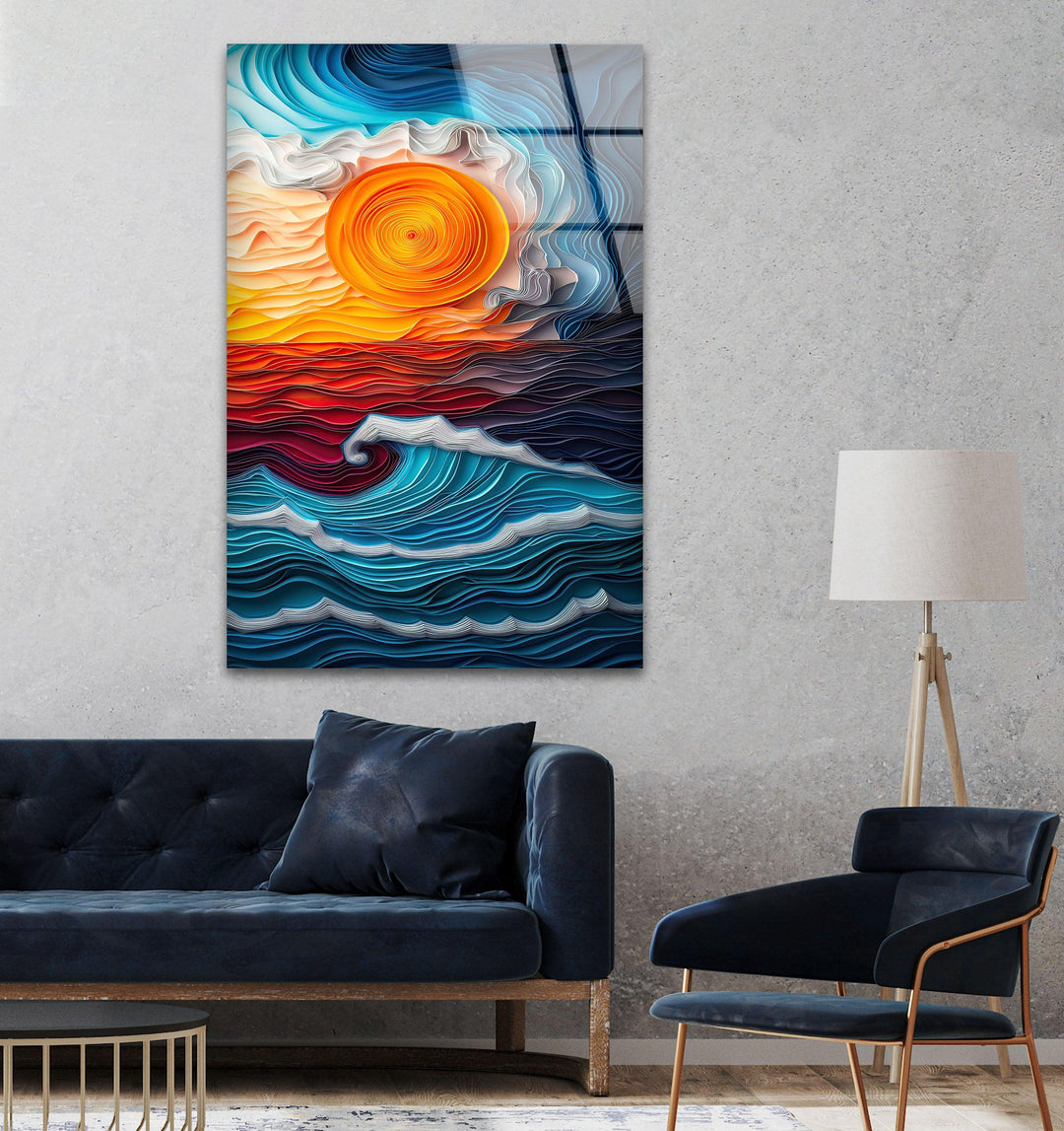Large glass wall decor capturing the energy of the ocean in an artistic way.
