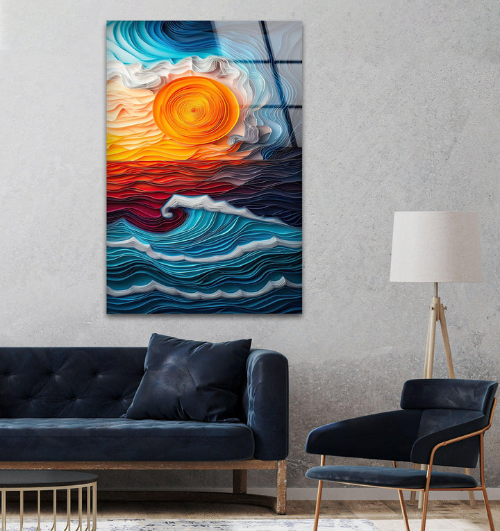 Large glass wall decor capturing the energy of the ocean in an artistic way.
