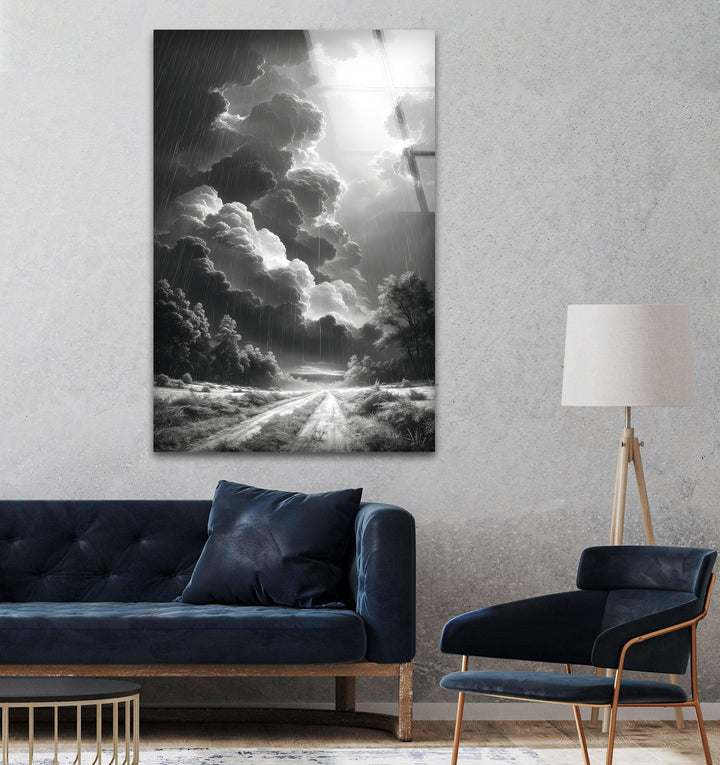8K glass wall print of a powerful rainstorm and a misty horizon.
