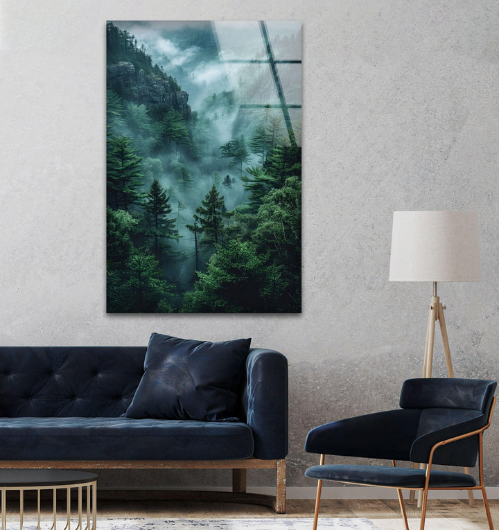 8K glass wall print of a peaceful and dreamy forest retreat.
