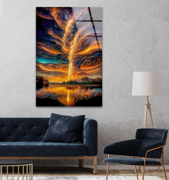 8K glass wall print of a mesmerizing storm with a glowing sky.
