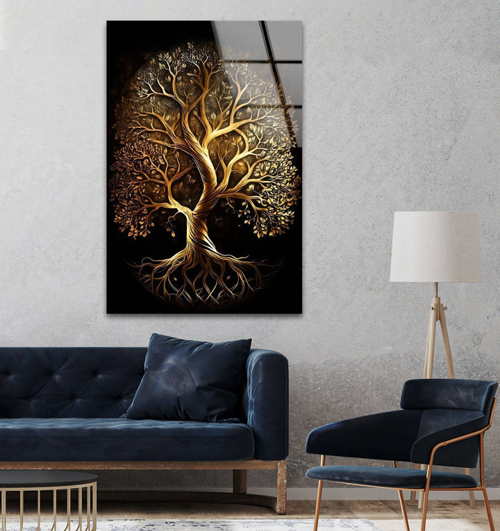 Life of Tree Gold Glass Wall Art print picture on glass, Tempered Glass Wall Art