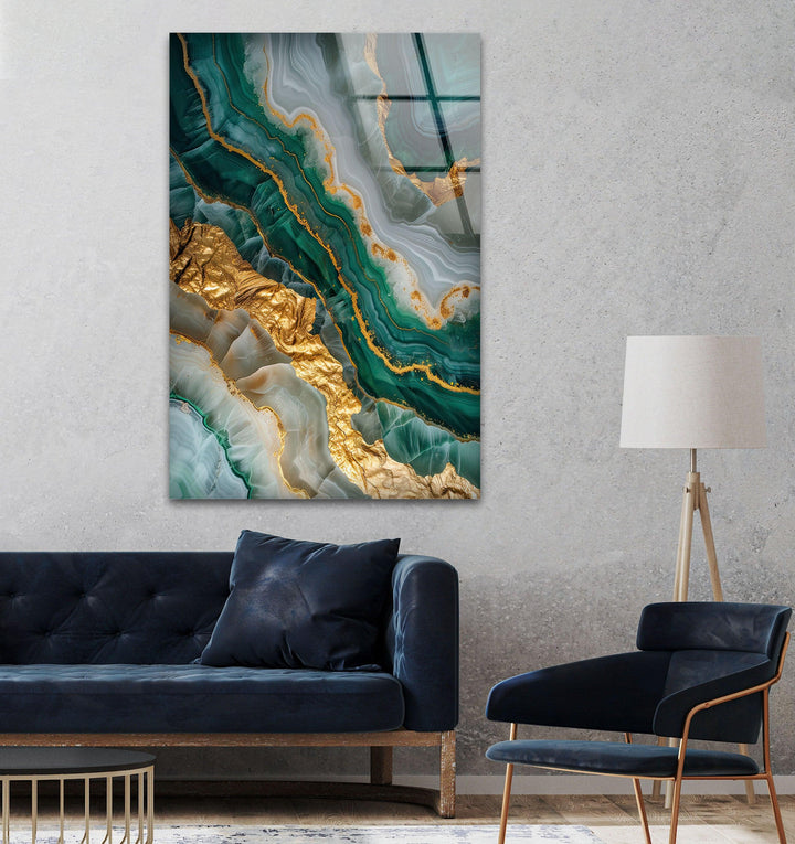 Wandkunst aus grün-goldenem Marmor und Geode-Glas