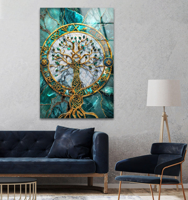 Golden & Blue Life of Tree Glass Wall Art Glass Printing Wall Art, Print photos on glass