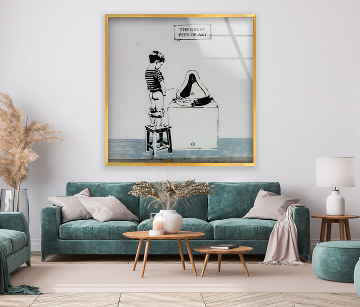 High-definition glass wall art featuring an eye-catching Banksy-style design with modern appeal.
