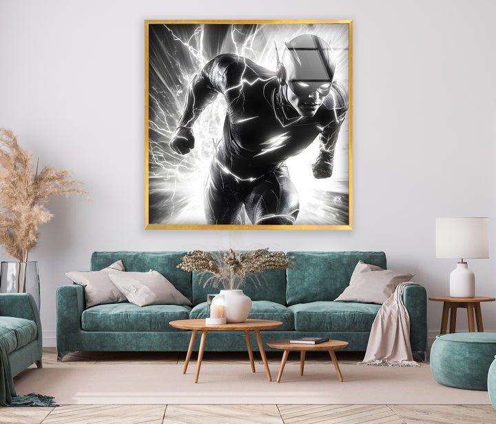 A high-energy, dynamic black and white superhero print of The Flash in action, perfect for modern interiors.