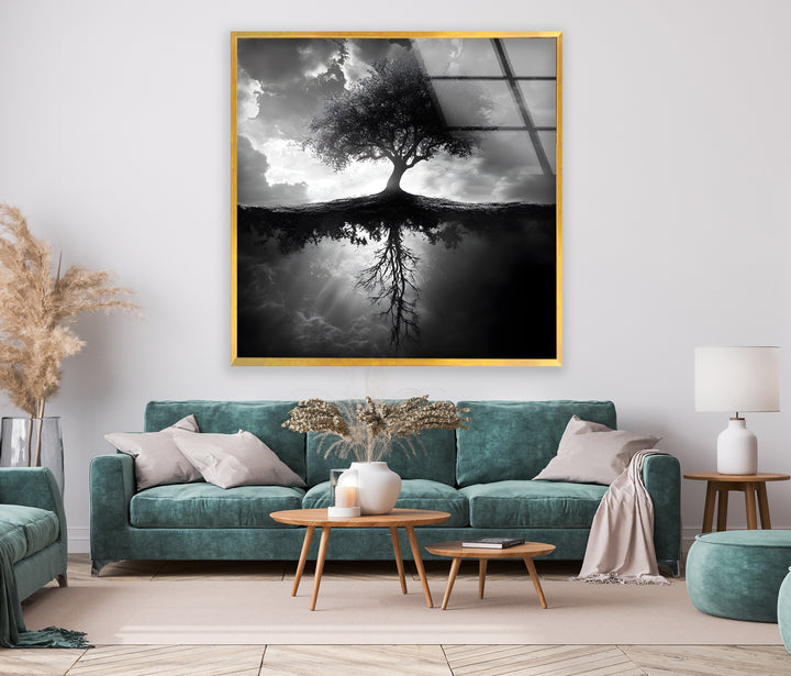 Serene and thought-provoking tree artwork in monochrome, beautifully printed on glass wall art.

