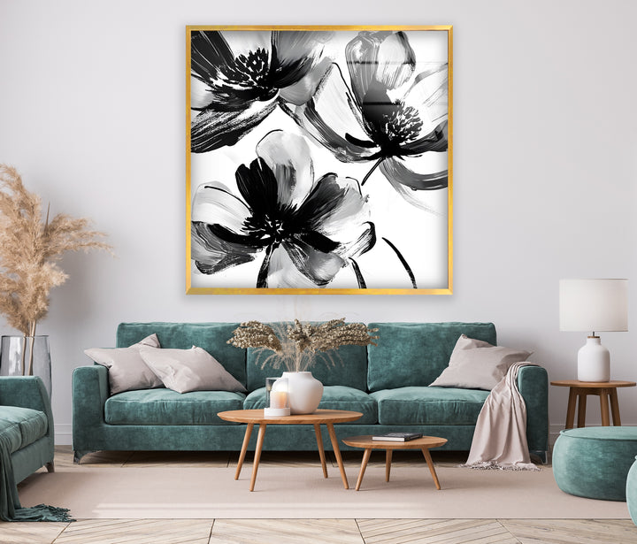 Timeless floral beauty in black and white, featuring artistic brushstroke details on glass wall art.
