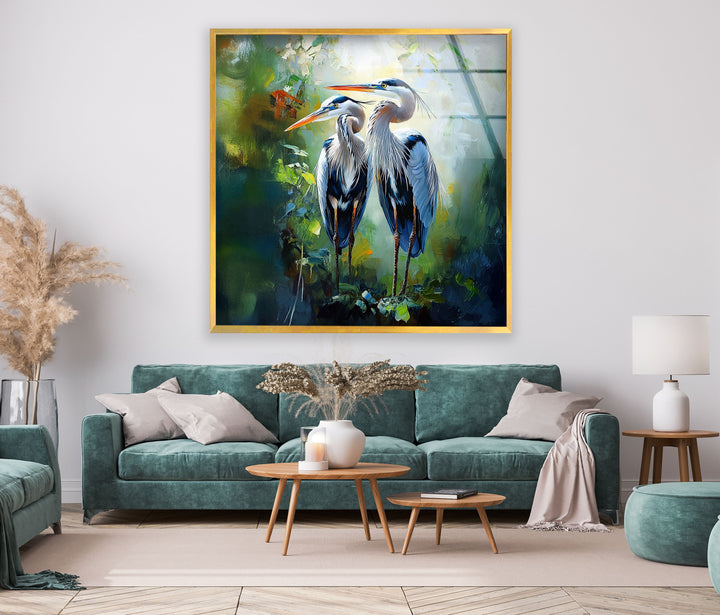 Waldpaar – Zwillingsreiher in grüner Harmonie – Glaswandkunst