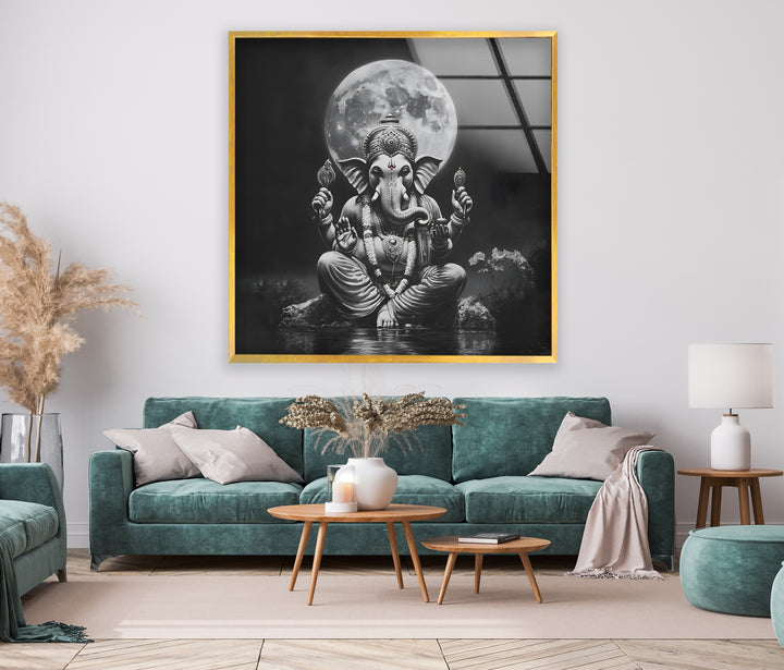 A peaceful and divine representation of Ganesha in stunning black and white glass wall art.
