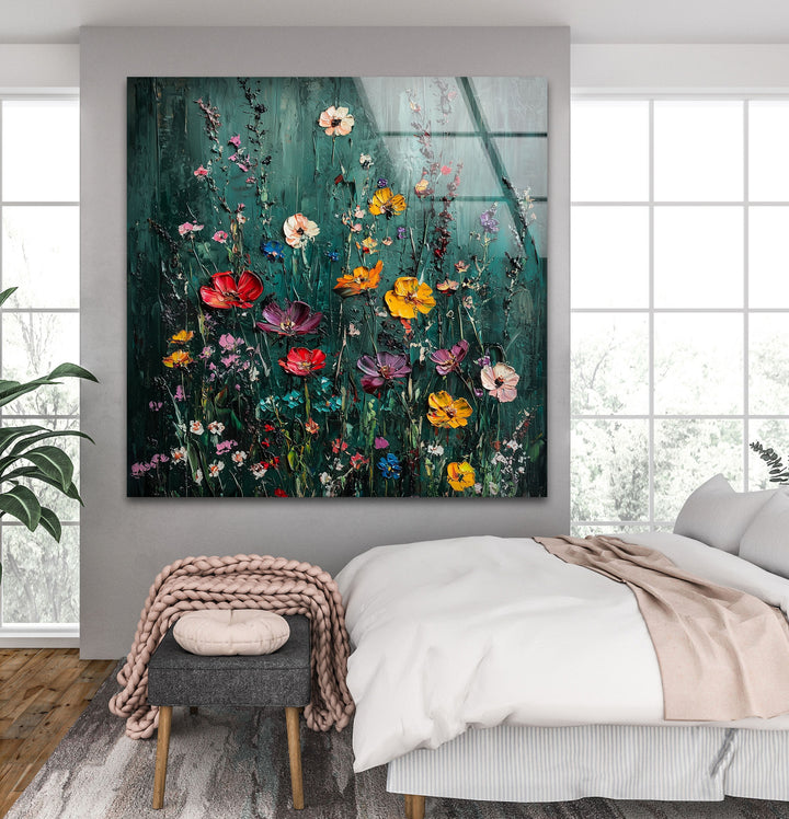 Lebendige Gartensymphonie – Strukturierte Blumen-Wandkunst aus Glas