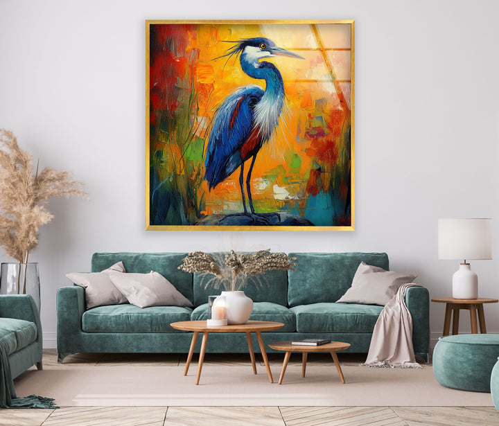 Lebendige Majestät – Abstrakter Reiher in kräftigen Farben, Glaswandkunst
