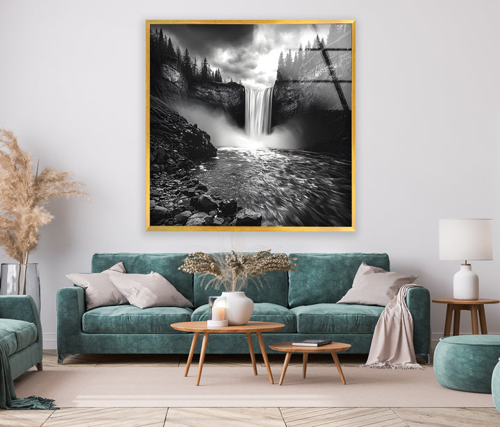 A bold and timeless waterfall landscape, printed in striking black and white on premium glass wall art.