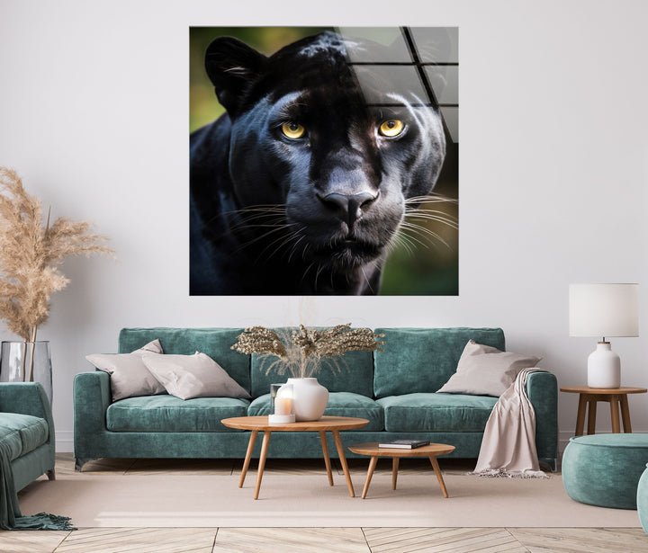 Black Puma Portrait Glass Wall Art glass art painting, glass art for the Wall
