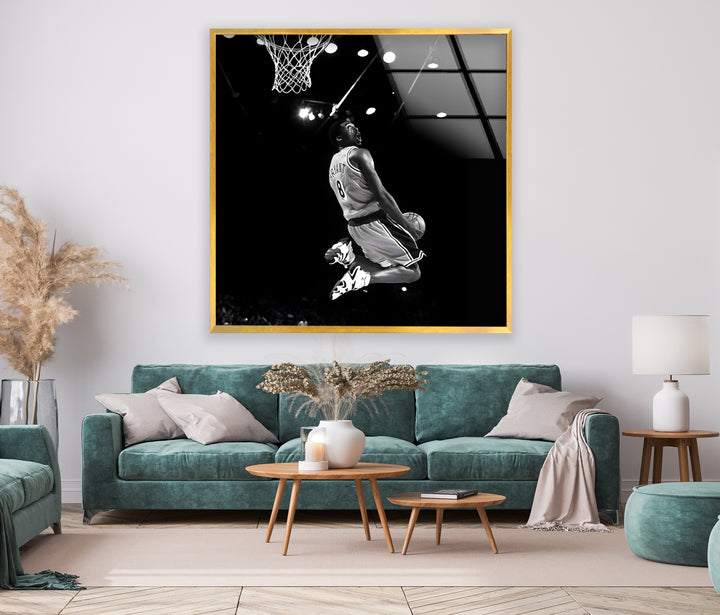 Celebrate Kobe Bryant’s legendary dunk with this powerful monochrome glass wall art piece.

