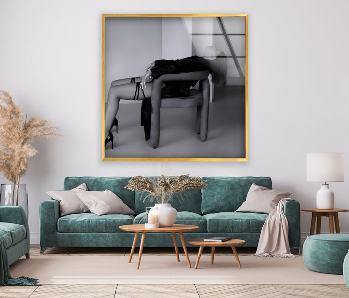 A stylish black and white abstract drawing featuring a bold and confident female form.

