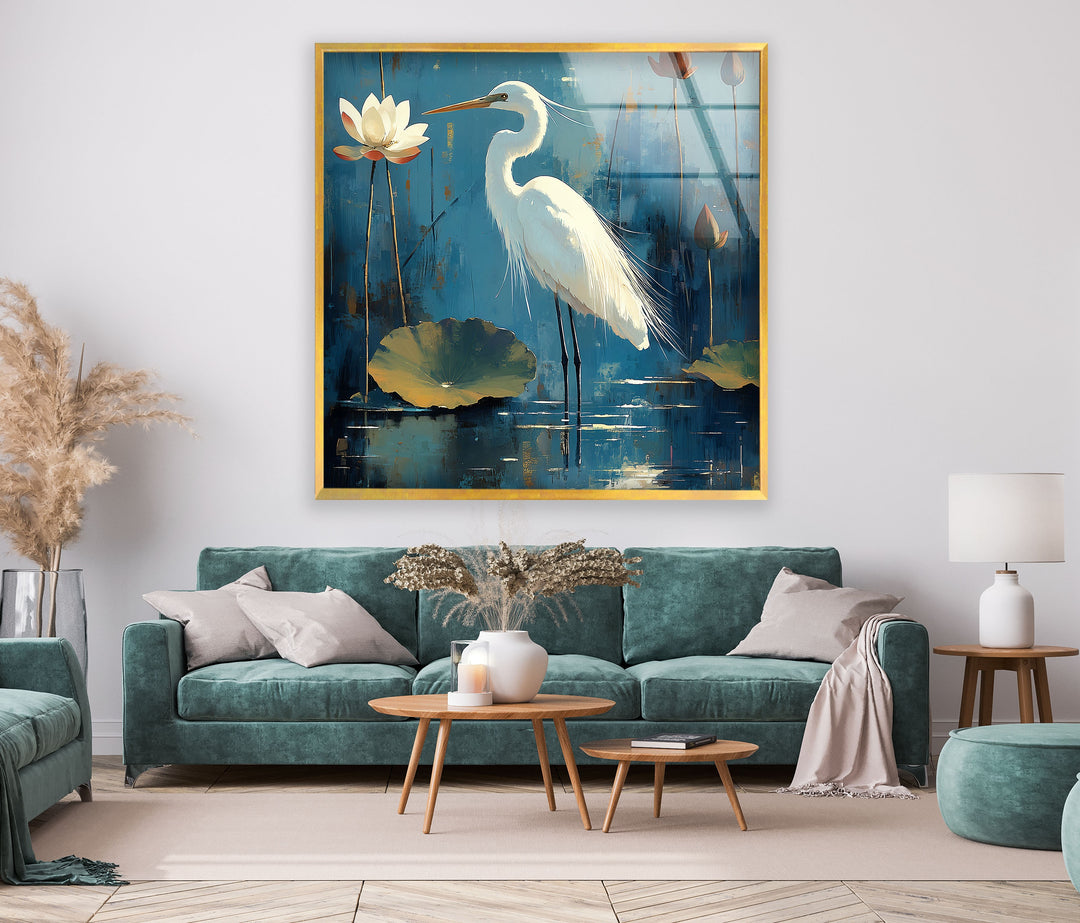 Lotus Grace – Wandbild aus Glas mit weißem Reiher und Seerose
