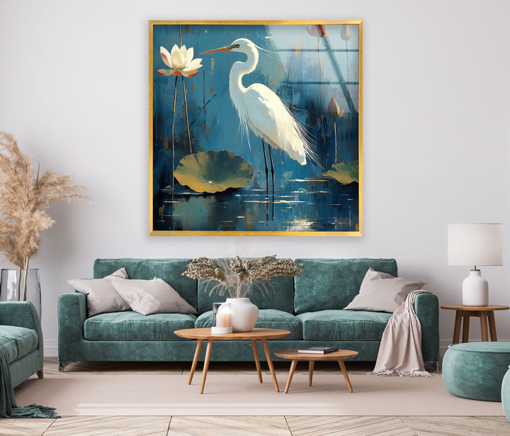 Lotus Grace – Wandbild aus Glas mit weißem Reiher und Seerose