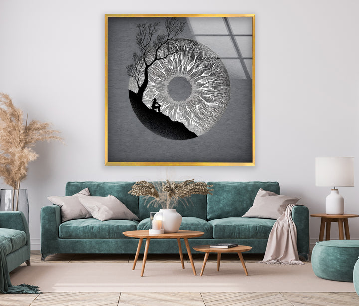 A mysterious black and white glass wall decor piece that blends natural beauty with surreal art.

